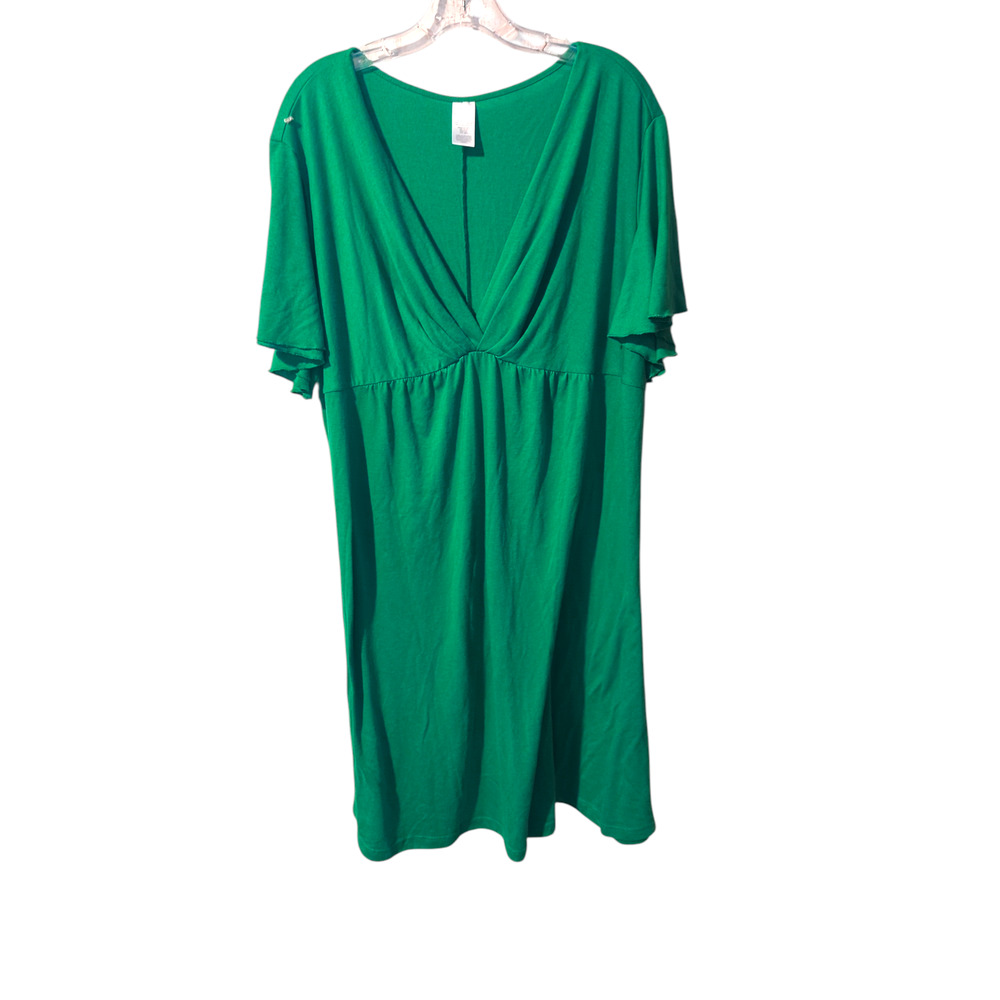 Green Surplice Short Sleeve Deep V-Neck Midi Dress 3X Raw edge - Picture 2 of 5